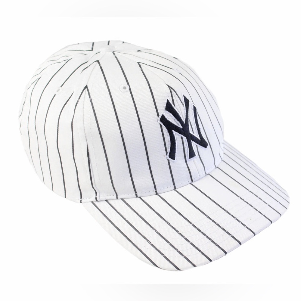 White Pinstripe Baseball Cap with Navy Logo